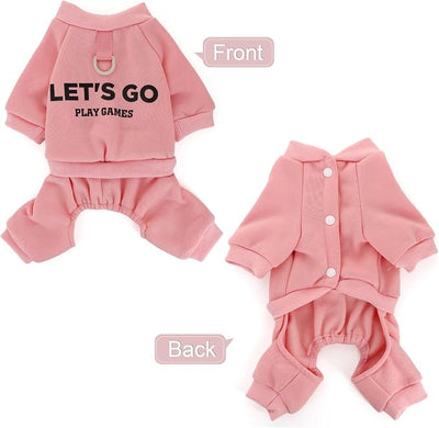 Warm Dog Winter Coat with Built-in Leash Ring, Fleece 4-Legged Sweatshirt Jumpsuit, Cute Let's Go Print Puppy Clothes for Small Dogs Boy Girl, Cold Weather Outfit