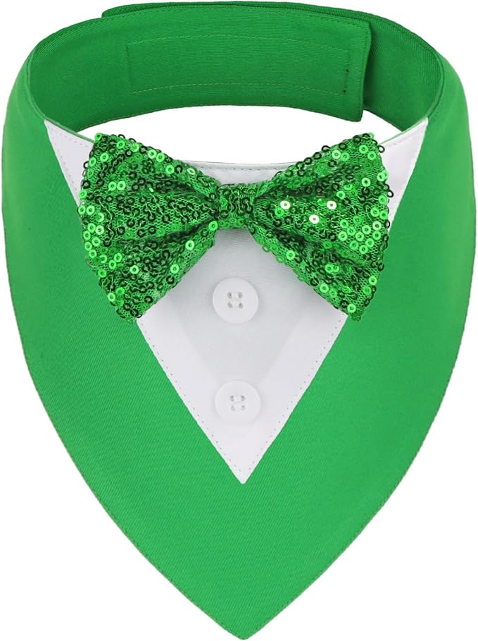 ADOGGYGO St.Patrick's Day Dog Tuxedo Bandana, Green Pet Tux Collar with Bowtie Adjustable St Patricks Costume for Medium Dogs Pets (M)