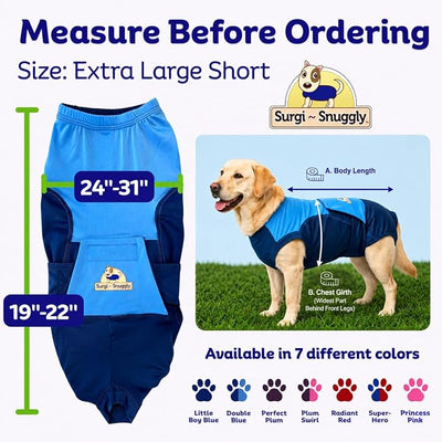 Surgi Snuggly Dog Surgery Recovery Suit - Dog Onesie for Post Surgery Recovery, Female Spay & Male Neuter - Surgical Suit for Dogs, E-Collar Cone Alternative, Double Blue - XLarge Short - 19"-22" (EC)