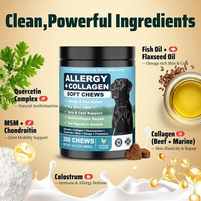Dog Allergy Chews is Collagen Omega 3 Human Anti Itch Relief for Dogs Multivitamin Itching Skin Relief and Aller Immune Pet Allergy Chews Coat Licking Supplement Pills Meds Treats 200 Bites for Dogs