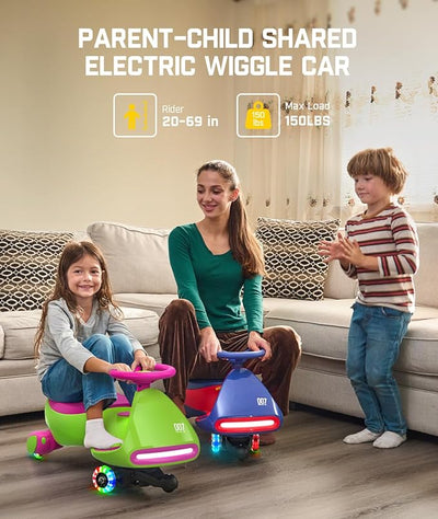 FanttikRide N7 Pro Electric Wiggle Car, Rechargeable Battery, CyberWiggle, 2 in 1 Swing Car, 2 Speeds Max 4 Mph, Anti-Rollover, Flashing Wheels, Bluetooth, Ages 3+, 150 Lbs, Grape Green