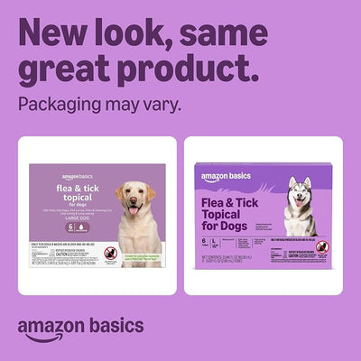 Amazon Basics Flea and Tick Topical Treatment and Prevention for Large Dogs (45-88 lbs), Fast Acting and Long Lasting, Tick Prevention, 6 Count, Packaging May Vary