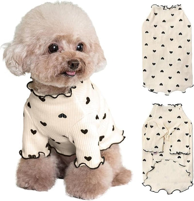 Pet Clothes for Small Dogs Cat Summer Fall Heart Print Shirt Stretchable Ruffle Long Sleeve Outfits for Chihuahua Schnauzer Shih Tzu Yorkie (Coffee, X-Small)