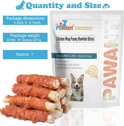 Chicken Wrapped Puffed Rawhide Rolls Dog Sticks Treats, 8 oz | Savory poultry wrap; firm chew texture; 65% protein; low-fat recipe; indoor boredom-busting snack