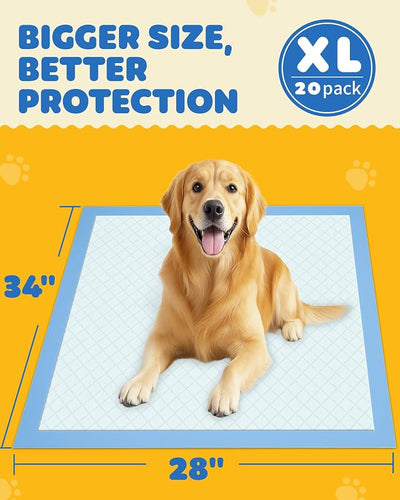 Powools Puppy Pads - XL 34'' x 28'' Dog Training Pads with Fast Absorb Core & Leak-Proof Backing, Quick-Dry Dog Pee Pads for Home, Travel & Crates, 60 Count