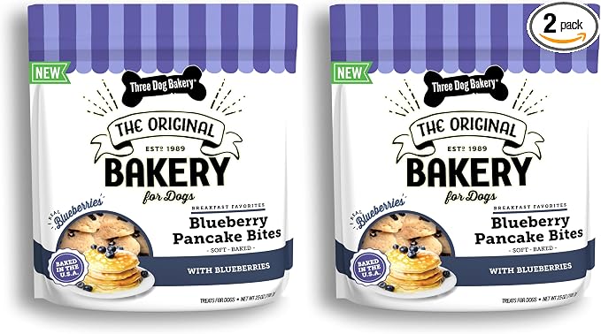 Three Dog Bakery Blueberry Pancake Bites,Treats with Real Blueberries & Vanilla,Mess-Free Snacks & Training Cookies for Dogs-& Puppies,Human-Inspired,(Pack of 2)