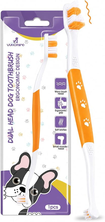 Dog Toothbrush, Dual-Head, for Medium-Large Dogs, Orange | Soft Bristles for Gentle Cleaning, 60° Curved Bristles for Better Coverage, Comfortable for Sensitive Gums