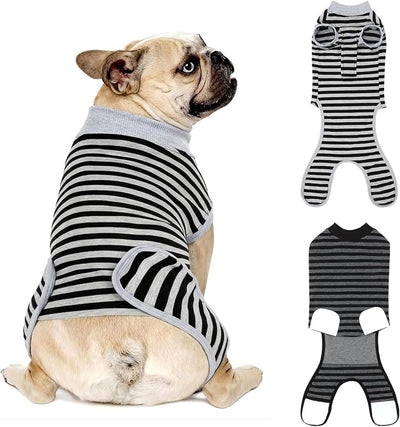 2 Packs Breathable Cotton Dog Recovery Suit for After Neuter Spay Abdominal Wounds Protector, Professional Anti-Licking Onesies for Male Female Pets Surgery Bandages, M Striped Black Grey