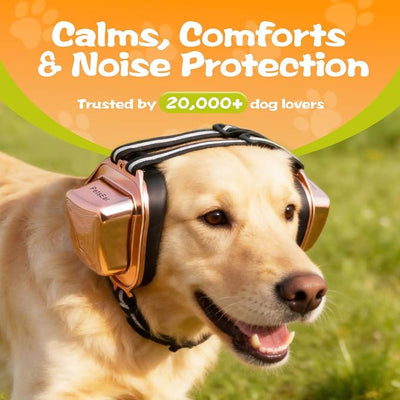 PETSEAR Dog Ear Muffs Noise Protection,Dog Headphones Noise Cancelling 29dB NRR with Magnetic Buckle & Electroplated Finish, Anti-Anxiety Earmuffs for Fireworks,Thunderstorms,Travel(Gold,S)