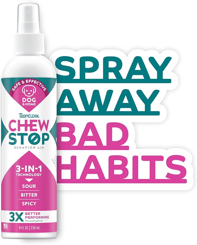 TropiClean No Chew Spray for Dogs, Better Than Bitter Apple Spray, Safe & Natural Chew + Lick Deterrent, Protect Home, Hot Spots & More! 8oz