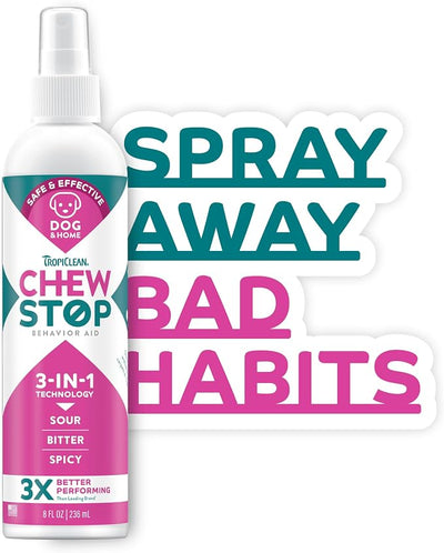 TropiClean No Chew Spray for Dogs, Better Than Bitter Apple Spray, Safe & Natural Chew + Lick Deterrent, Protect Home, Hot Spots & More! 8oz