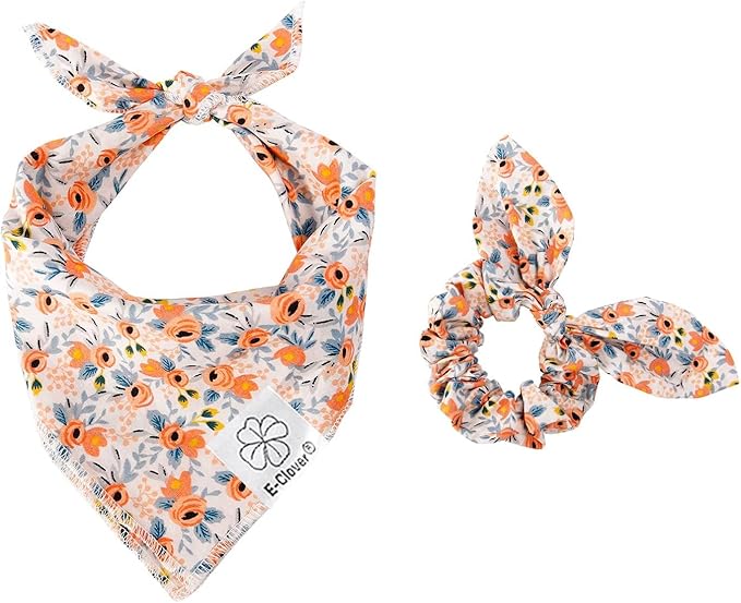 E-Clover Dog Bandanas & Matching Scrunchie Set Girl Cute Flower Dog Scarf Bibs Pet Bandana with Bow Tie for Small Dogs Puppy Owner Spring
