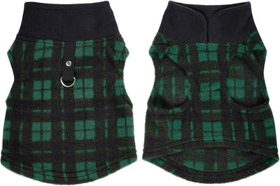 Rbenxia 1 PC Plaid Dog Sweaters with Leash Ring Soft Fleece Vest Dogs Pullover Warm Jacket Pet Dogs Clothes Winter Dog Outfits for Small Puppy Cat Pets (Green and Black, Large)
