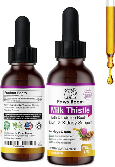 Milk Thistle for Dogs and Cats | Liver Cleanse Detox & Repair with Dandelion Root | Kidney Support Supplement| Herbal Remedy | Denamarin for Dogs| Natural Liquid Vitamins| Bacon Flavor | 2 oz (60 ml)