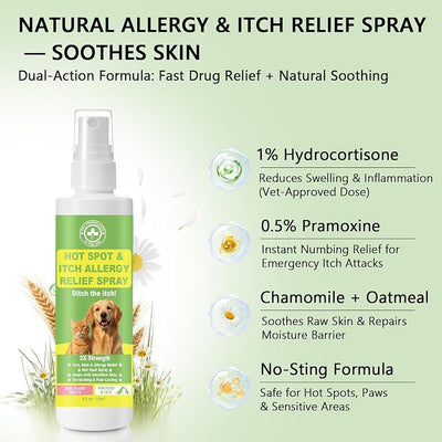 Hot Spot & Itch Relief Spray for Dogs & Cats – Itch Relief Spray with Chamomile & Oatmeal, Soothes Sensitive Skin, Scratching & Paw Licking, All Ages & Breeds, 4 oz