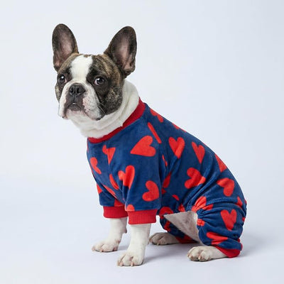 Fitwarm Valentines Day Sweet Hearts Dog Pajamas, Dog Winter Clothes for Small Dogs Girl Boy, Lightweight Velvet Pet Jumpsuit, Cat Onesie, Dark Blue, Red, Large