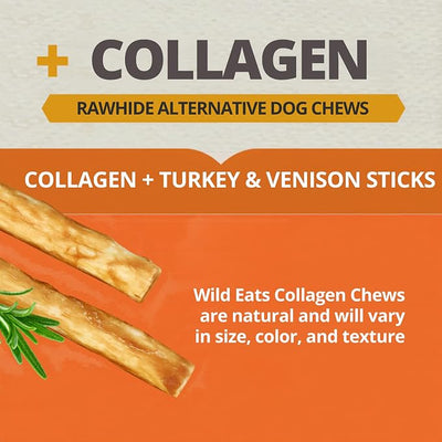 Wild Eats Turkey and Venison Collagen Sticks for Dogs (25 Pack) Long Lasting Dog Chews, No Hide Dog Treat Bully Stick Alternative, Rawhide Free, Grain Free, High Protein
