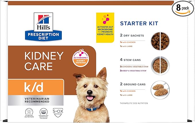 Hill's Prescription Diet k/d Kidney Care Starter Kit Variety Pack Dog Food, 5.25 oz. Dry Food (2), 13 oz. Cans (2), 5.5 oz. Cans (4)