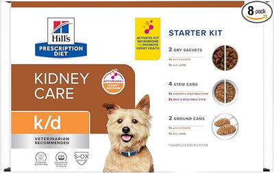 Hill's Prescription Diet k/d Kidney Care Starter Kit Variety Pack Dog Food, 5.25 oz. Dry Food (2), 13 oz. Cans (2), 5.5 oz. Cans (4)