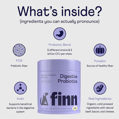 Finn Digestive Probiotics for Dogs | Pumpkin & Prebiotics | Beef | 90 Ct | 6 Live Probiotic Strains, 3 Billion CFU | NASC Certified | Vet Recommended | Supports Regularity & Immune Health