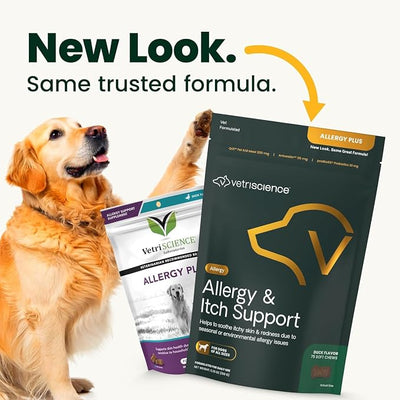 VetriScience Allergy Plus Immune Support Supplement for Dogs, Duck Flavor, 75 Chews Probiotic Allergy Relief for Dogs with Itchy Skin, Paw Licking, Watery Eyes, Sneezing and GI Support