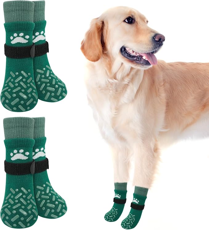 SCENEREAL Dog Socks to Prevent Licking Paws for Hot/Cold Pavement, Anti Slip High Top Dog Grip Socks for Hardwood Floors, Dog Shoes Booties&Paw Protector for Small Medium Large Senior Dog, Green L