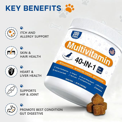 Dog Multivitamin, 40-in-1 Dog Vitamins and Supplements Chewable Contain Probiotics Omega-3 Glucosamine, Multivitamin for Dogs Skin Coat Heart Joint Liver Brain Eyes Immune Support (200ct)