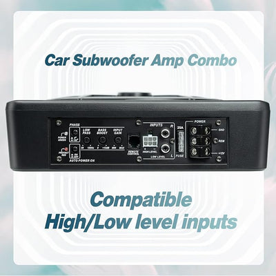 10" Upgrade 800W Slim Under Seat Powered Car Subwoofer, Car/Truck Audio Sub Built in Amplifier amp Combo Package, with Blue LED Light (Subwoofer+Installation Wire Kit)