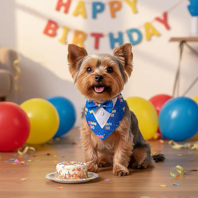 ADOGGYGO Birthday Boy Dog Tuxedo Bandana, Blue Collar with Bow Tie, Adjustable Formal Birthday Costume for Extra Small Dogs (XS)