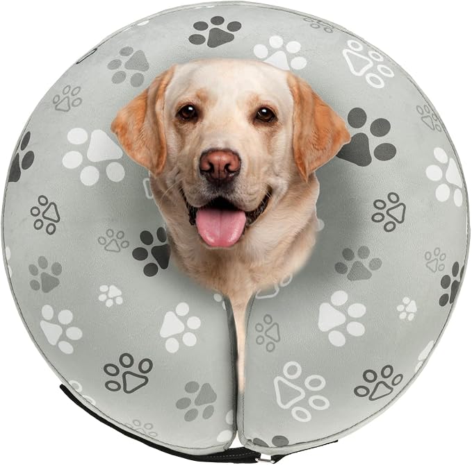 SCENEREAL Dog Cone Alternative After Surgery Donut Collar, Soft Pet Recovery Pillow Collar for Medium Large Dogs, Inflatable Adjustable Neck Collars to Prevent Licking, Grey Footprints L