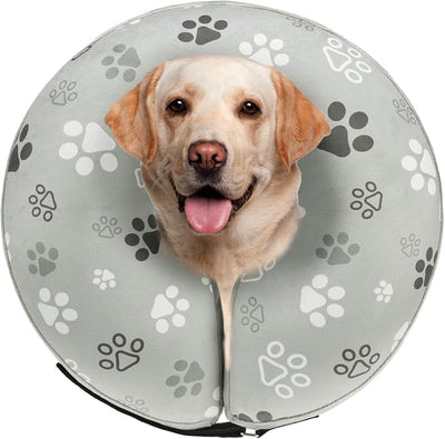 SCENEREAL Dog Cone Alternative After Surgery Donut Collar, Soft Pet Recovery Pillow Collar for Medium Large Dogs, Inflatable Adjustable Neck Collars to Prevent Licking, Grey Footprints L