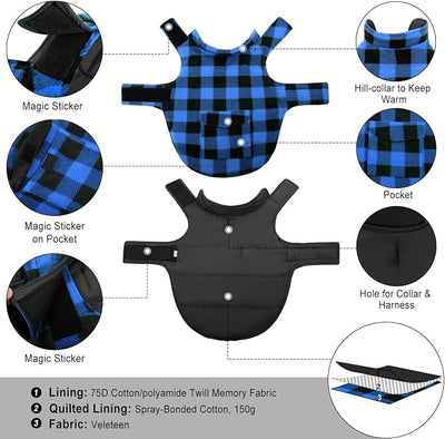 ASENKU Dog Winter Coat, Fleece Doggie Jacket Plaid Reversible Vest Waterproof Windproof Cold Weather Clothes for Small Medium Large Dogs (M, Blue)