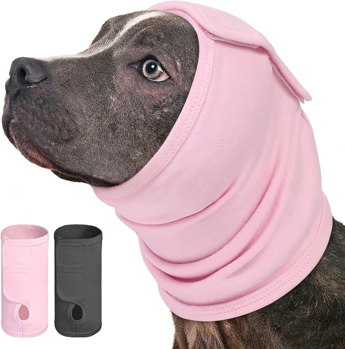 AOFITEE Dog Calming Hoodie, Anti-Slip Headband for Dog Hematoma, Adjustable Dog Ear Muffs Cover for Noise Anxiety, Dog No Shake Ear Wrap for Grooming, Fireworks, Thunderstorms, Drying, Pink S