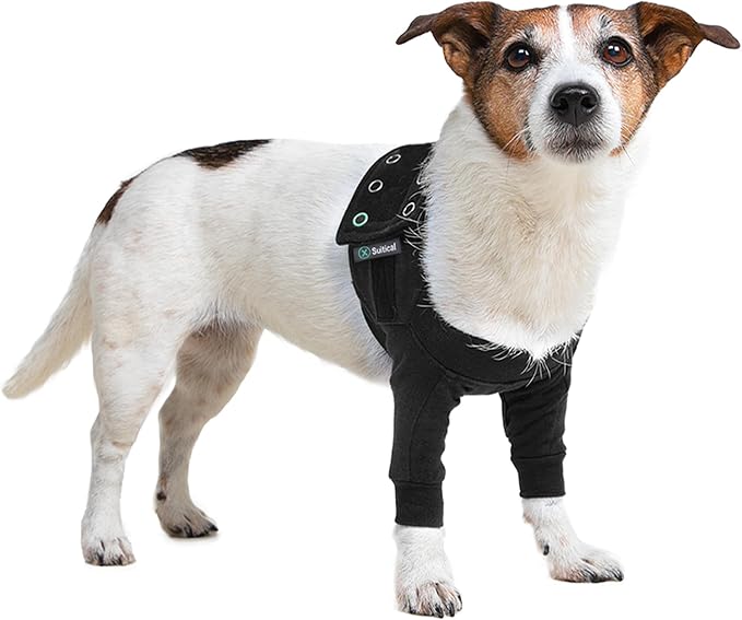 Suitical Recovery Double Sleeve for Dogs - Front Leg Protection for Post-Surgery, Skin Issues, Hot Spots - Adjustable Double Dog Leg Sleeve to Prevent Licking - 2XS Black - Chest 11.8-16.9 in