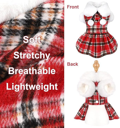 Dog Sweater with Leash Set D Ring Plaid Fleece Dog Clothes for Small Dogs Girl Boy Winter Puppy Dress Cold Weather Coat Fall XXS Sweater for Chihuahua Yorkie Cat Doggy Costumes, Red, XS