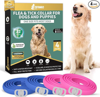 YOTANGO 4 Pack Flea Collar for Dogs, Dog Flea Collar Waterproof, 32 Months Prevention, Dog Fleas and Tick Treatment, Adjustable Fleas and Tick Protection for Dogs Puppy(Blue & Pink)