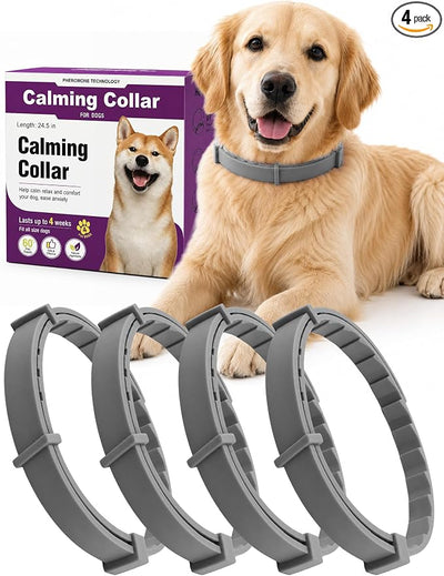 Calming Collar for Dogs 4 Pack, Adjustable Dog Calming Collar for Barking, 60-Day Waterproof Pheromone Collars for Dog for Separation Anxiety, Bad Behavior & Stress Support (Grey, Large)
