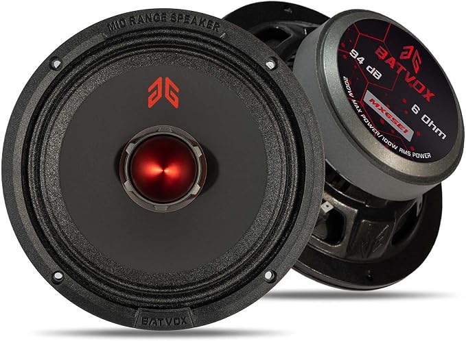 MX65E1 Loudspeaker 6.5 Inch Midrange 400 Watts 6 Ohms Red Bullet, Premium Quality Audio Door Speakers for Car or Truck Stereo Sound System, Black (2 Speakers)