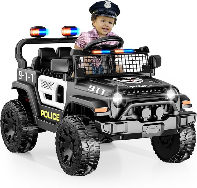 12V Ride on Car with Parent Remote Control, Toddler Police Electric Car with Spring Suspension, LED Lights & Music Player - Safe Battery Toy for Kids, Christmas & Birthday Gift