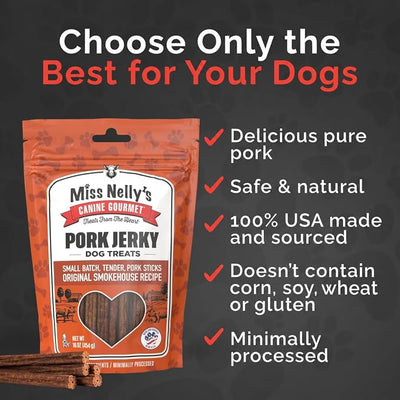Miss Nelly's- All Natural Pork Jerky Dog Treats Made in USA Only-Original Smoke House Recipe-Minimally Processed Soft Sticks Dog Jerky Treats-16 oz. Bags