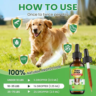 Flea and Tick Prevention for Dog, 60 ML (2 FL OZ) 2 Pack Natural Oral Flea and Tick Drops for Dogs Containing Multivitamin All Breeds and Sizes Fleas Control for Dogs Bacon Flavor
