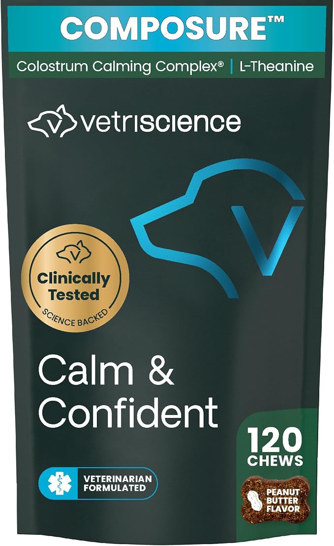 VetriScience Calm & Confident Chews, Composure Clinically Tested Calming & Anxiety Supplement for Dogs, Reduce Stress & Fear, Ideal for Thunderstorms, Fireworks & Travel, Peanut Butter, 120 Count