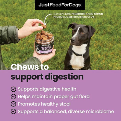 JustFoodForDogs Probiotic Booster Supplement for Dogs, Human Grade Dog Supplements, Immune and Digestive Support, Multivitamin Soft Chews, Superfood Blend, Plant Based Dog Vitamins - 45 Count