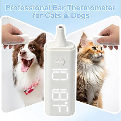 Pet Ear Thermometer, Non-Contact Infrared Temperature Measuring Device with Charging Base, Large Bright LED Screen Accurate Fast Reading Digital Thermometer for Dogs Cats Pets (White)