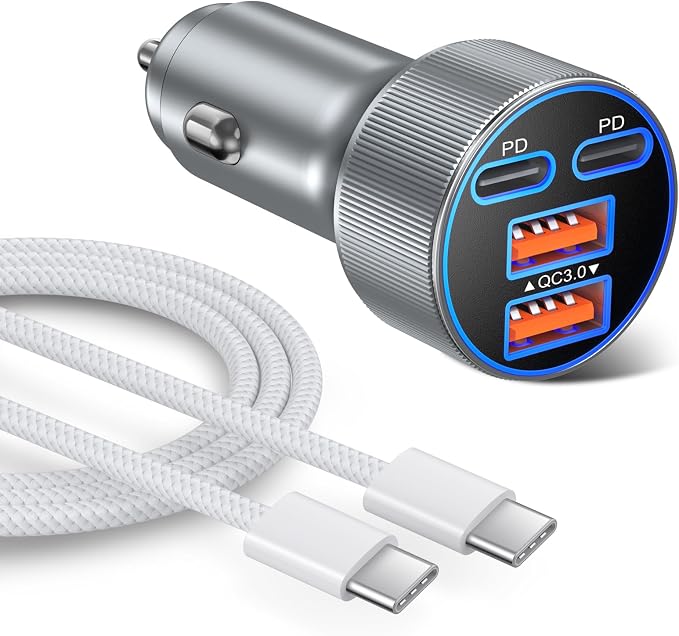 90W Car Charger USB C, Besgoods Dual 45W USB C iPhone 17 Pro Max Fast Charging Cigarette Lighter Adapter with 6ft Type C Cable for iPhone 16 15 Galaxy S26 S25 Ultra S24 S23