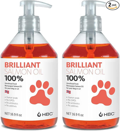 Brilliant Norwegian Salmon Oil for Dogs, Cats, Horse, Ferret - Pure Omega 3, 6 & 9 Fish Oil Food Treats Supplement for Natural Coat, Immune Support, Itchy Skin, Joint & Brain Health - 2x16.9 oz