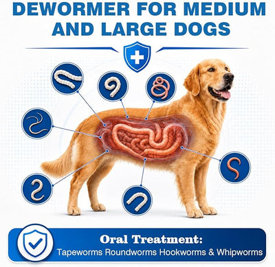 De-Wormer for Dogs, Oral Treatment of Tapeworm, Roundworm & Hookworm, Worm Remover (Praziquantel & Pyrantel Pamoate), Wormer Tablets for Medium and Large Dogs, 50 Pieces