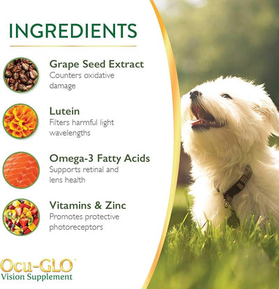 Ocu-GLO Cat & Dog Supplement for Eye Support - Chewable Vision Vitamins Supplements for Large and Small Pets Care with Lutein, Omega-3 Fatty Acids, Grape Seed Extract & Antioxidants (Pack of 2)