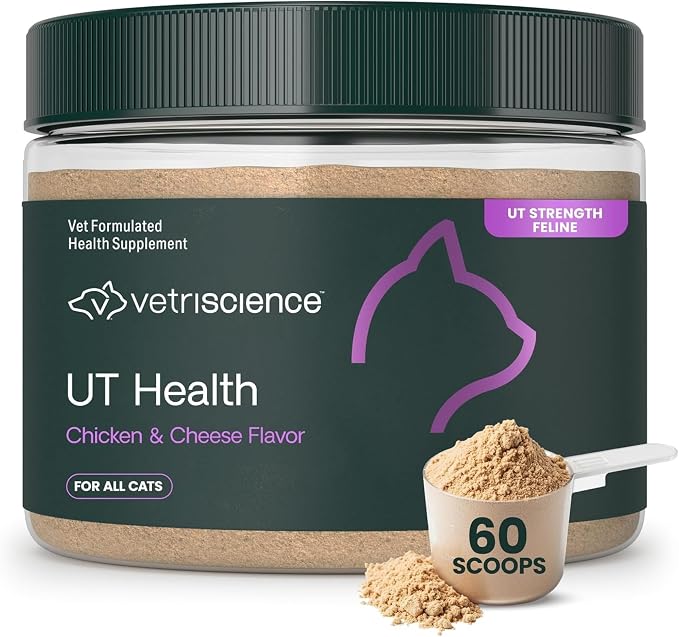 VetriScience UT Health Powder, UT Strength Cranberry D-Mannose Bladder and Urinary Tract Supplement for Cats, Bromelain and Probiotics, Healthy Mineral Balance, Chicken & Cheese, 60 Scoops