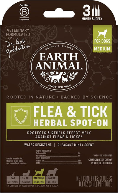 Earth Animal Apothecary Natural Flea & Tick - Herbal Spot-On for Medium Dogs - 3 Applications (3 Month Supply)